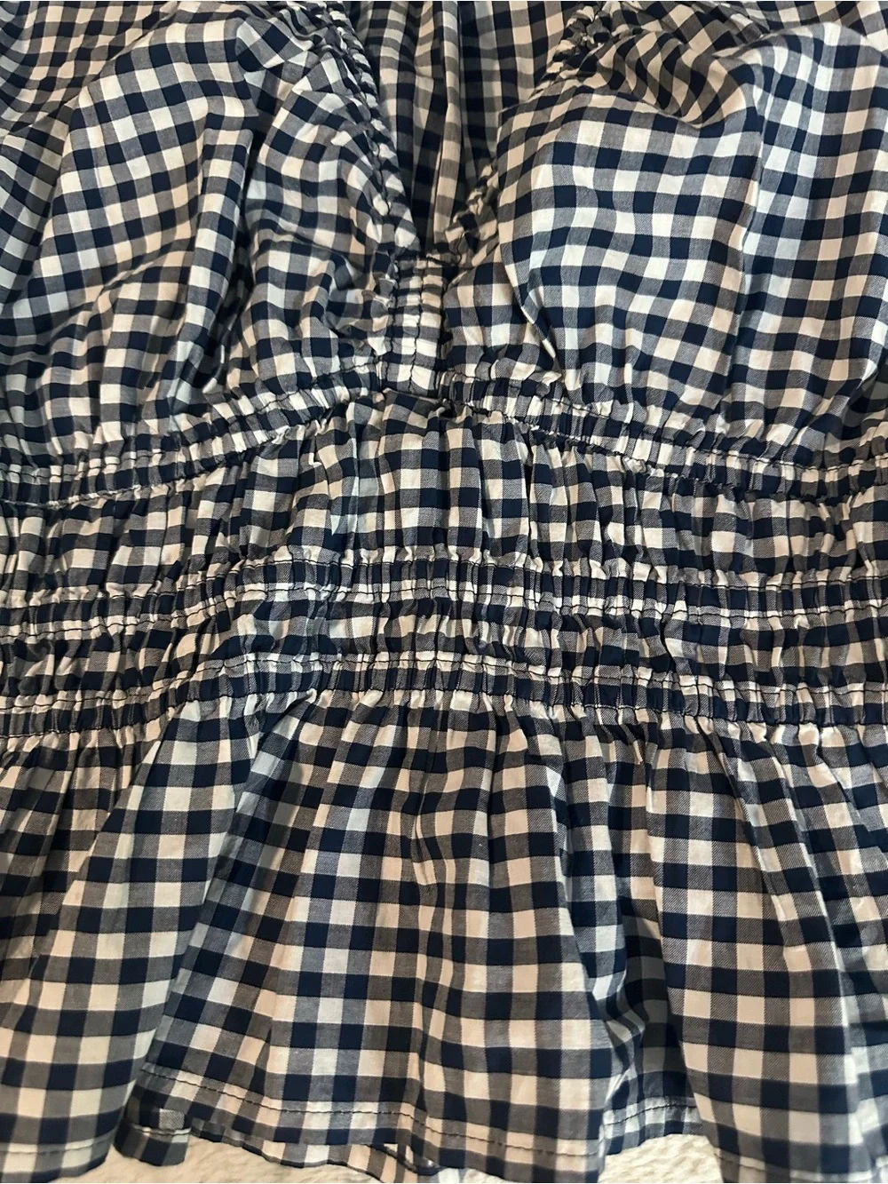 Old Navy Navy and White Gingham Puff Sleeve Peplum Top
